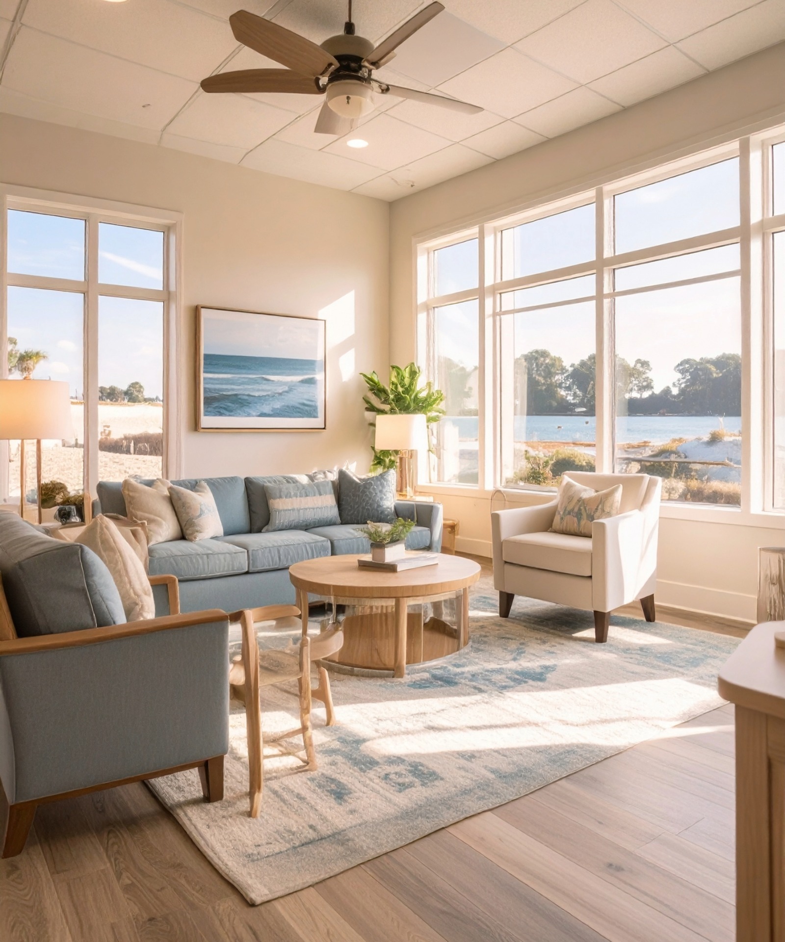 A bright coastal-inspired consultation room with seating arranged for conversation.