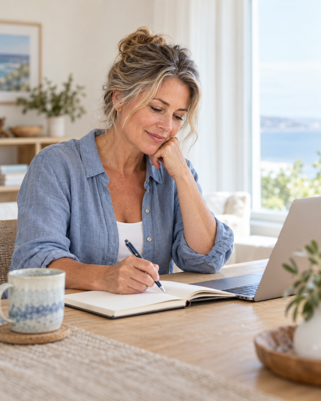 Illustration of a woman preparing questions in a notebook before a virtual health conversation.