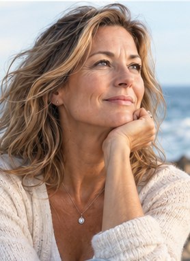 Woman smiling by the coast, reflecting a hopeful next chapter