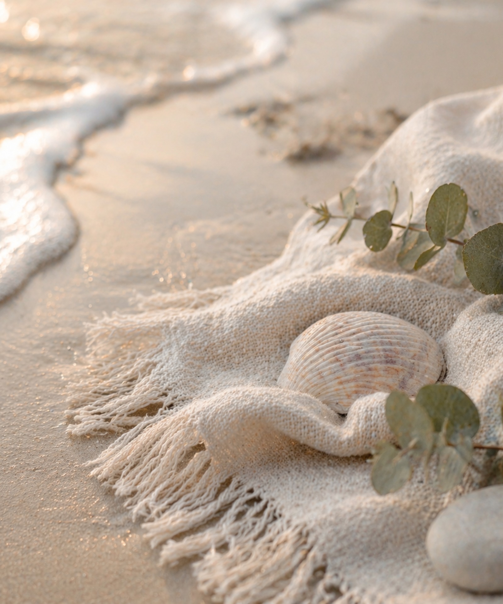 Soft coastal shoreline in the Calm Shores Integrative Wellness blue, sand, and ivory palette.